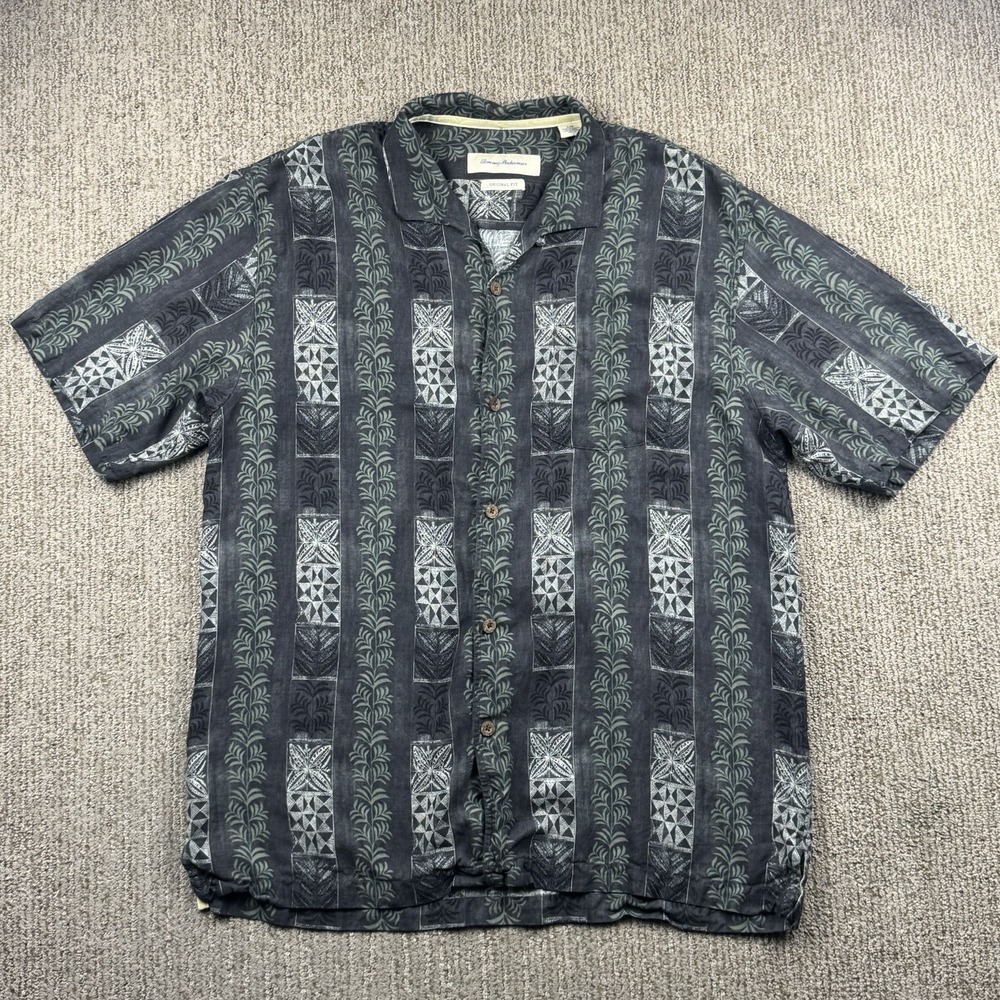 Tommy Bahama Mens L Silk Button Up Shirt Short Sleeve Original Fit Tribal Leaf